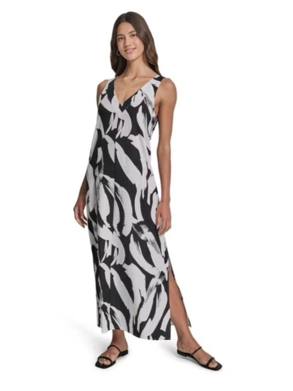 DKNY Black and White Print V-Neck Sleeveless Linen Maxi Dress
